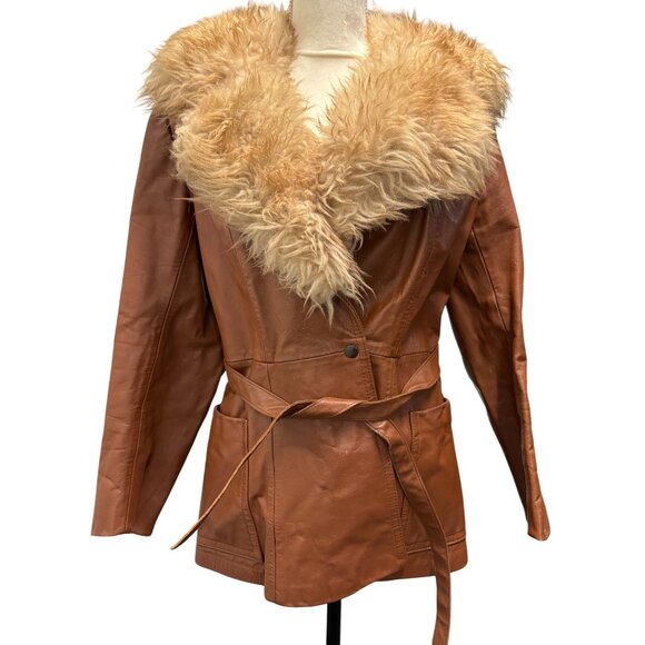Vintage 1960s Brown Leather Belted Penny Lane Jacket With Faux Fur Collar - Picture 2 of 13